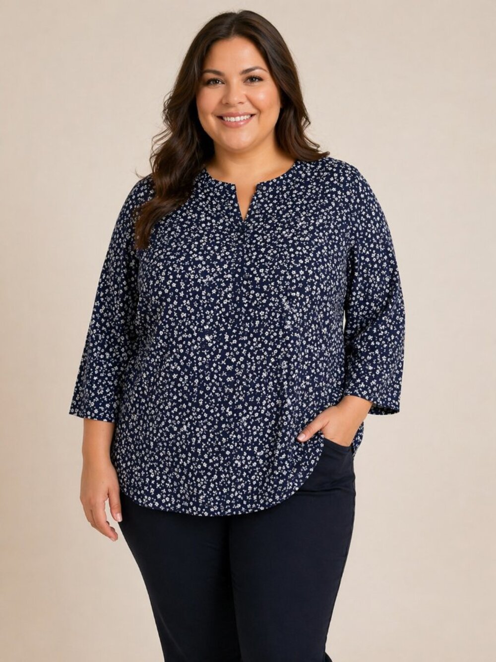 Lands' End Women's Pintuck 3/4 Sleeve Top NAVY Size XXL